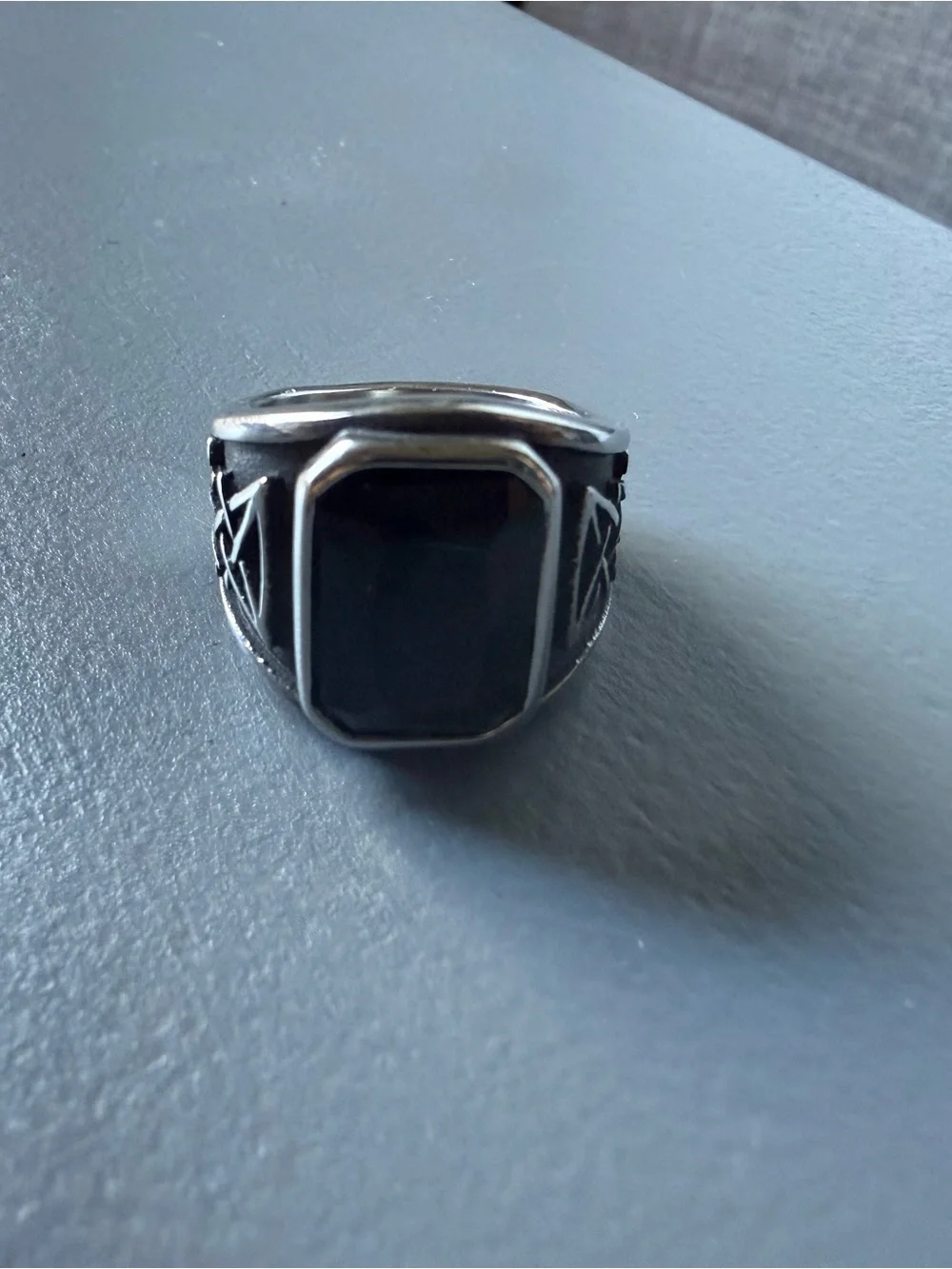 Men's Silver-Tone Ring with Black Faceted Stone